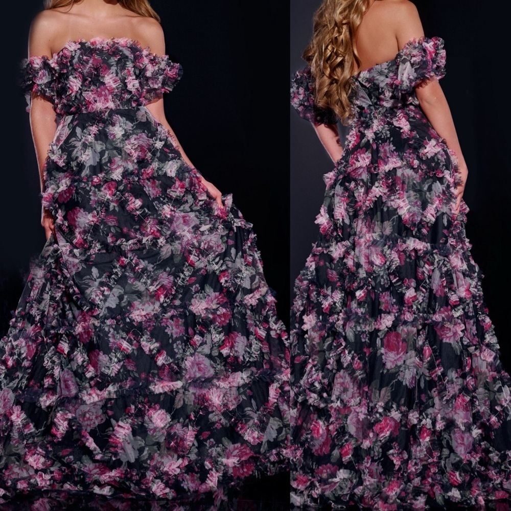 JOVANI 40331 | Off the Shoulder Floral Navy Gown | Ruffles | Women’s 10